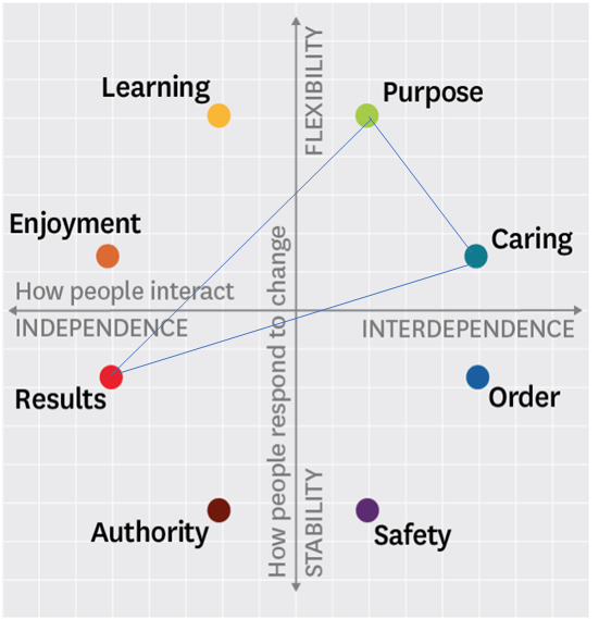 Leadership diagram showing that purpose, caring and results are connected when it comes to behaviour and how people interact.